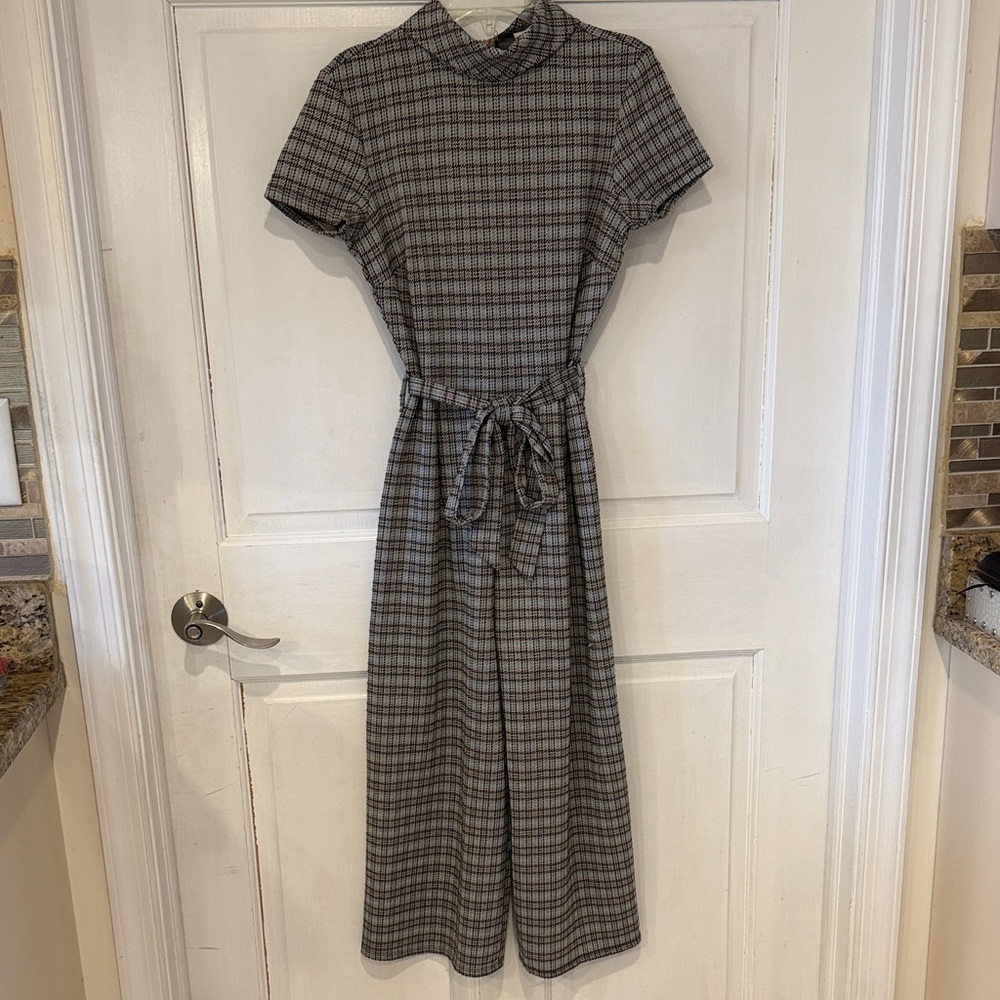 BeBop Gray Plaid Jumpsuit with Belted Waist